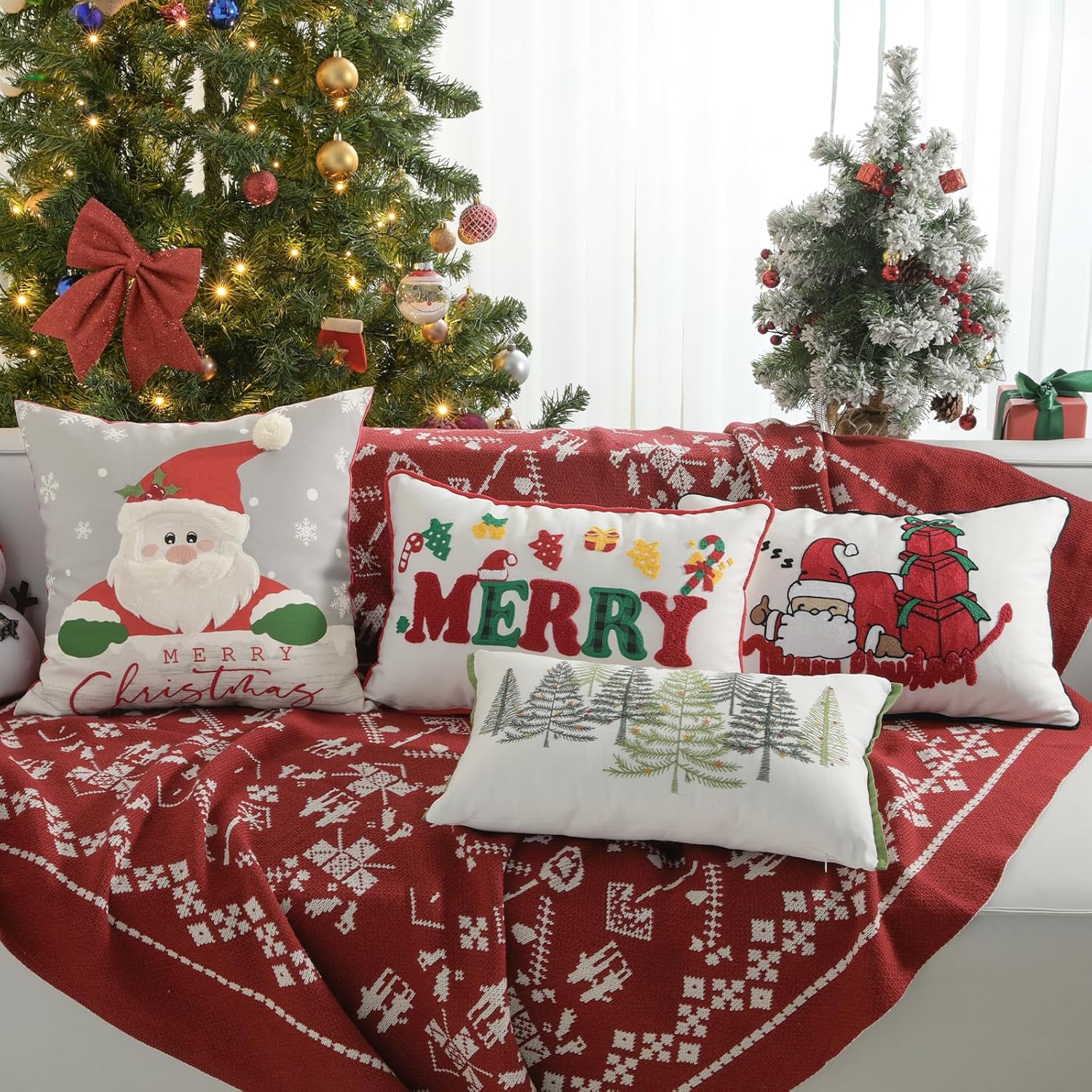 Lewondr Christmas Throw Pillow Cover, 1 PCS 12 x 20 Inch Cute Christmas Tree Embroidery Throw Pillow Case Luxury Soft Canvas Lumbar Pillow Cover Decorative Pillow Covers For Bed Home Decor Living Room