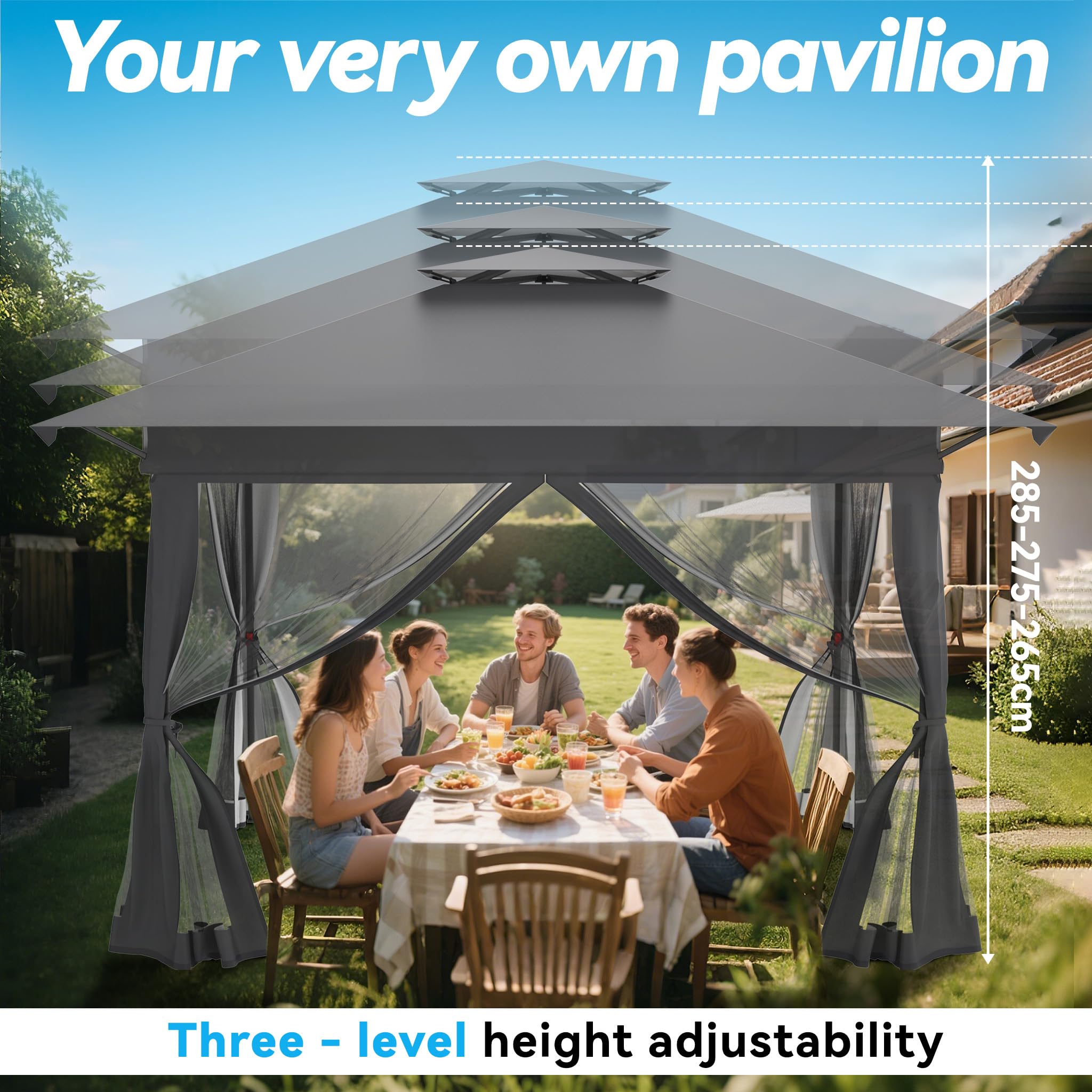 3x3m Gartenpavillon, Pop-up Gartenlauben mit 4x4m Doppeldach & 4 Moskitonetzen & Tragetasche mit Rollen, 3-Stufen Höhenverstellbar Faltpavillon für Garten Grillpartys (Anthrazit)
