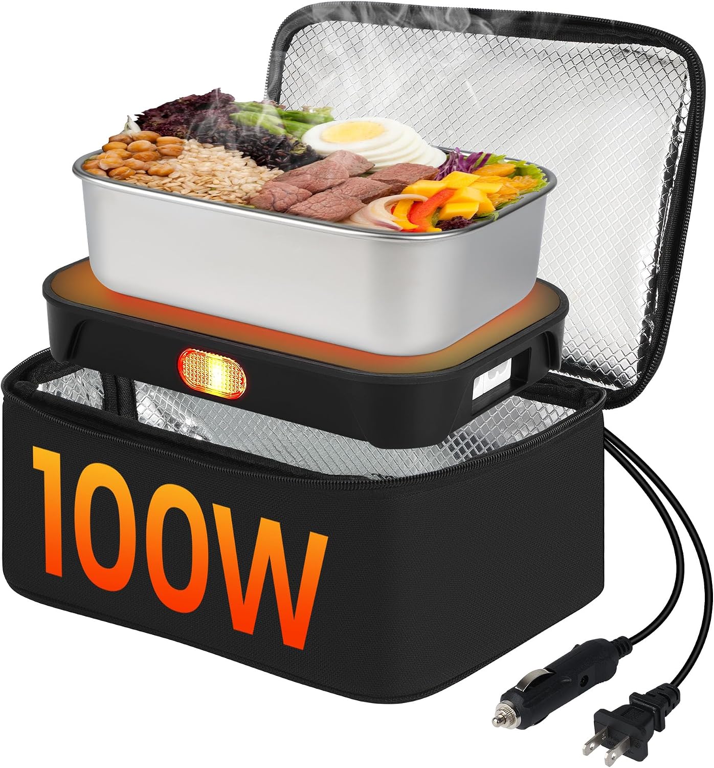 Portable Oven with 1.8L Container, 100W 12V/24V/110V 3-in-1 Electric Lunch Box for Adults Food Warmer Heated Lunchbox with Stainless Steel Meal Container 4L Bag for Car, Truck, Office, Home,Travel