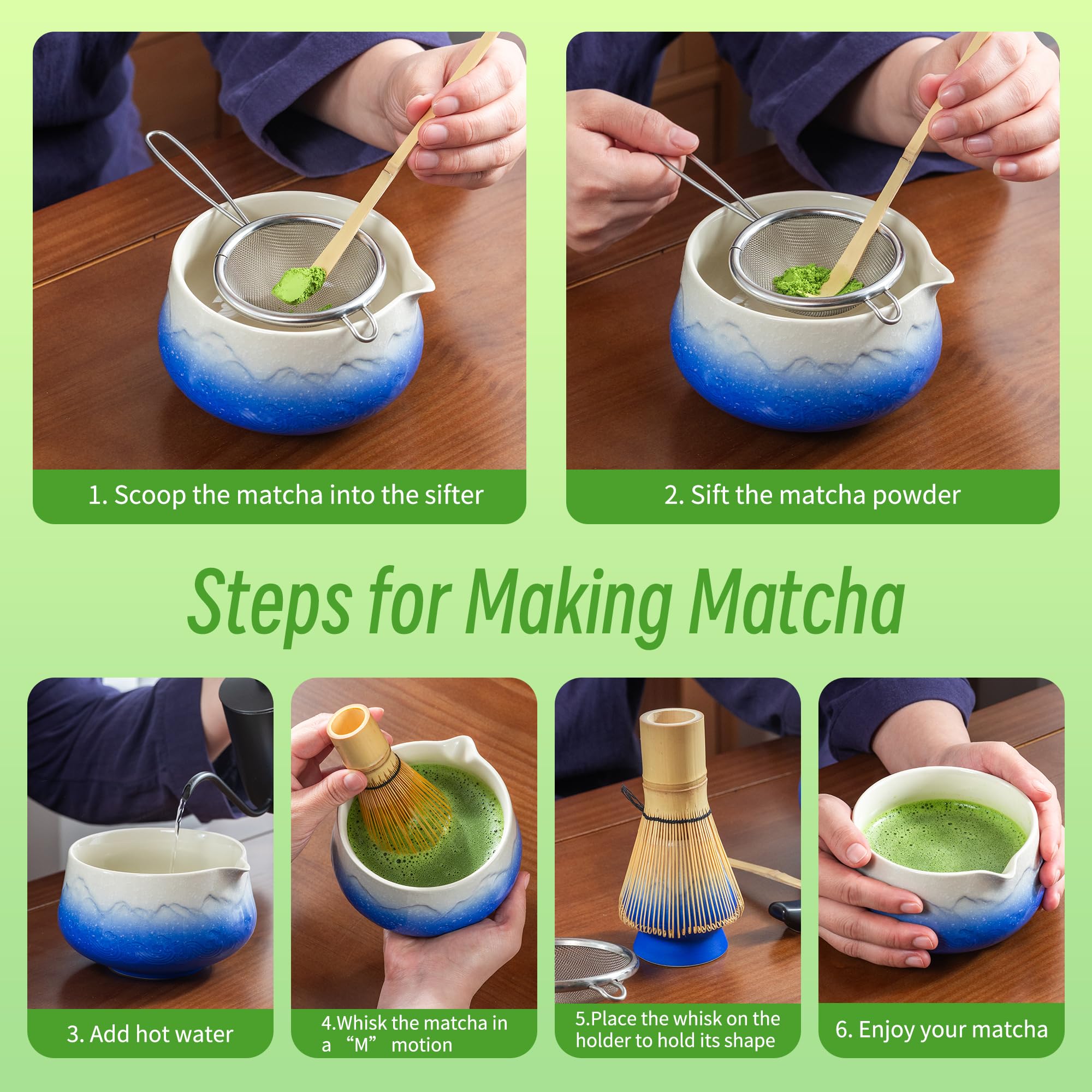 TEANAGOO MATCHA KIT, set blu per matcha, kit da cerimonia in polvere, set da tè matcha per fare latte, set di fruste e ciotola con paletta e setaccio, ciotola in ceramica design Fuji