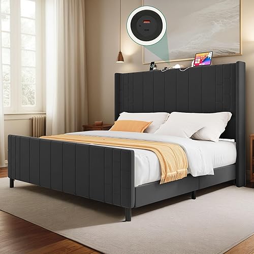 YITAHOME King Size Bed Frame with Charging Station, Premium Velvet Upholstered Platform Bed Frame, 49.2" Tall Vertical Tufted Wingback Bed Frame Headboard & Footboard, No Box Spring Required, Black