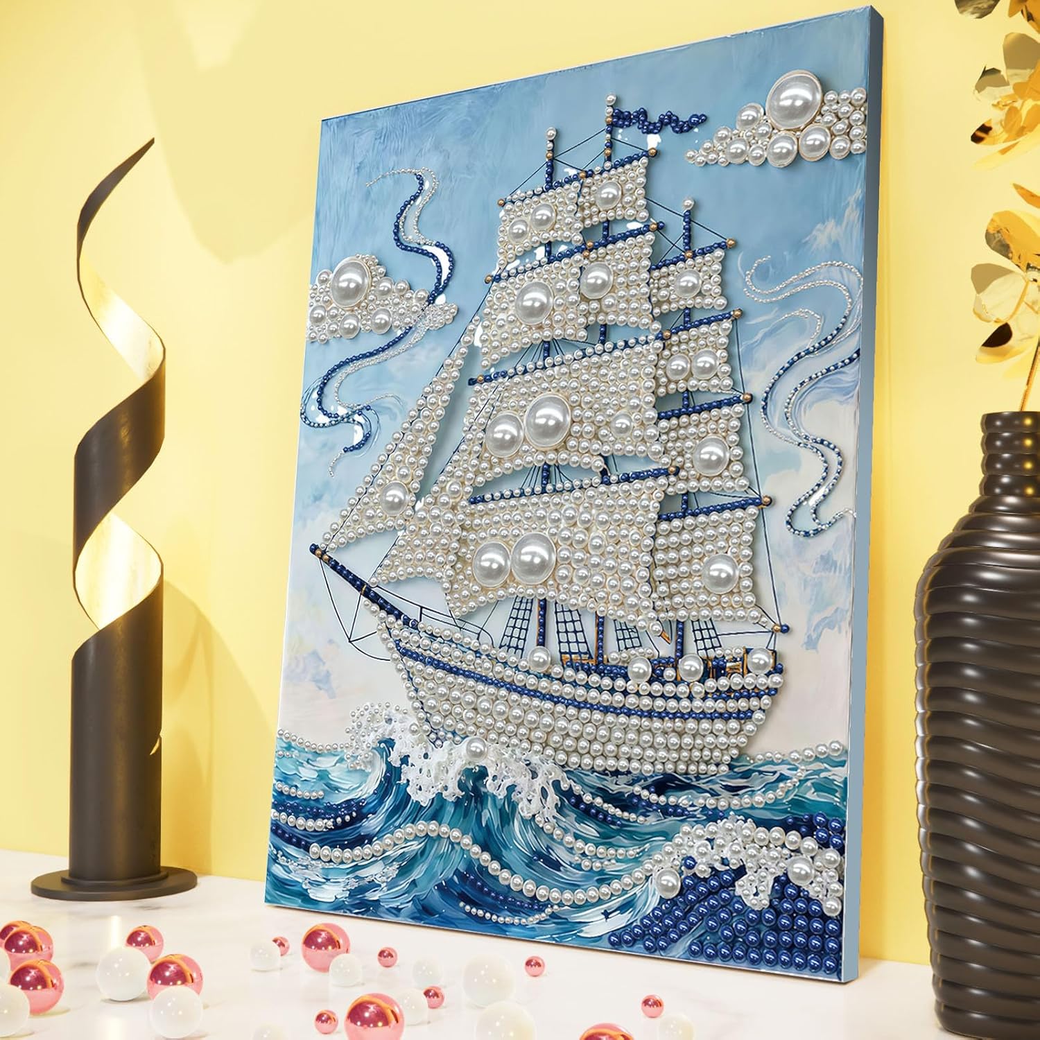 POETRYDRAW DIY Diamond Pearl Painting Kit for Adults Sailboat, Beginner Friendly Craft Kits with Frame 30x40cm, Home Decor Housewarming Gift, Diamond Dots Beads Canvas Art for Wall Decor