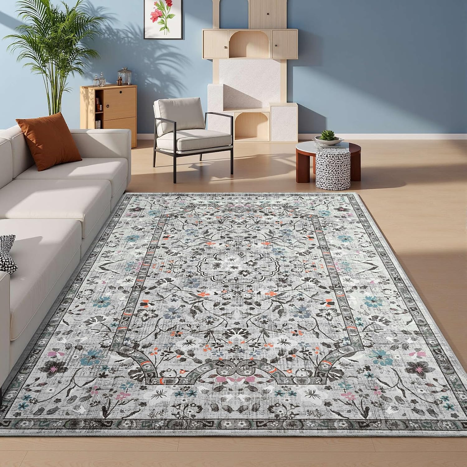 Vasofe 3x5 Area Rug for Bedroom, Washable Rugs for Living Room, Laundry, Kitchen, Vintage Floral Indoor Non Slip Carpet Farmhouse Grey Throw Carpets Soft Low Pile Mat for Dorm Bedside Entryway Office