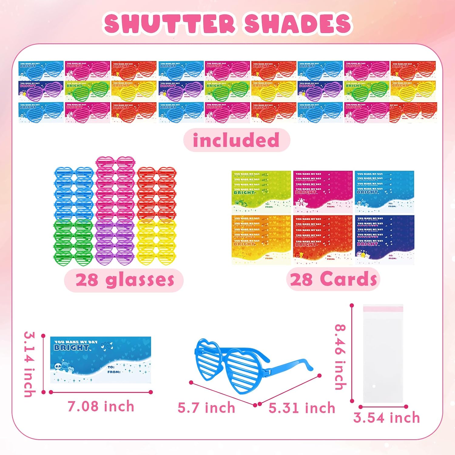 Amy&Benton 28PCS Valentines Day Heart Shaped Shutter Shade Glasses with Valentines Gift Cards Shutter Glasses Toys for Valentine Classroom Gifts Kids Exchange Gifts Praty Prizes Bulk