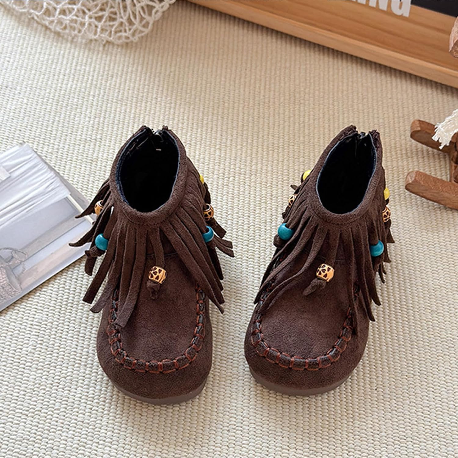 Moccasins Ankle Boots For Girls Tassel Cowboy Comfortable Back Zip Wide Toe Non Slip Soft Sole Cowgirl Booties