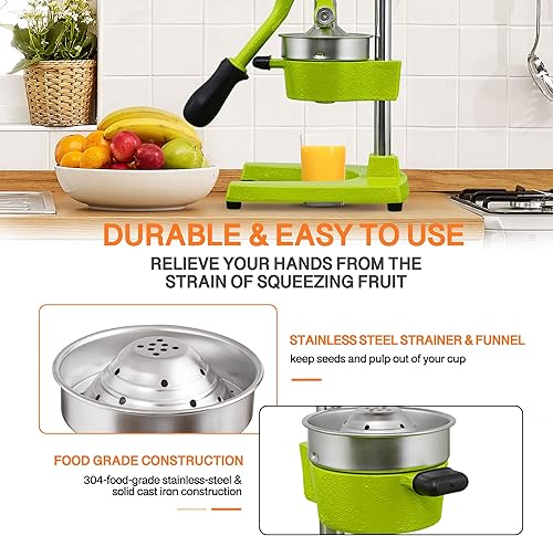 Miniatura 6 de Exprimidor manual comercial de hierro fundido de servicio pesado, exprimidor de cítricos manual de naranja, limón, lima, pomelo y granada con taza