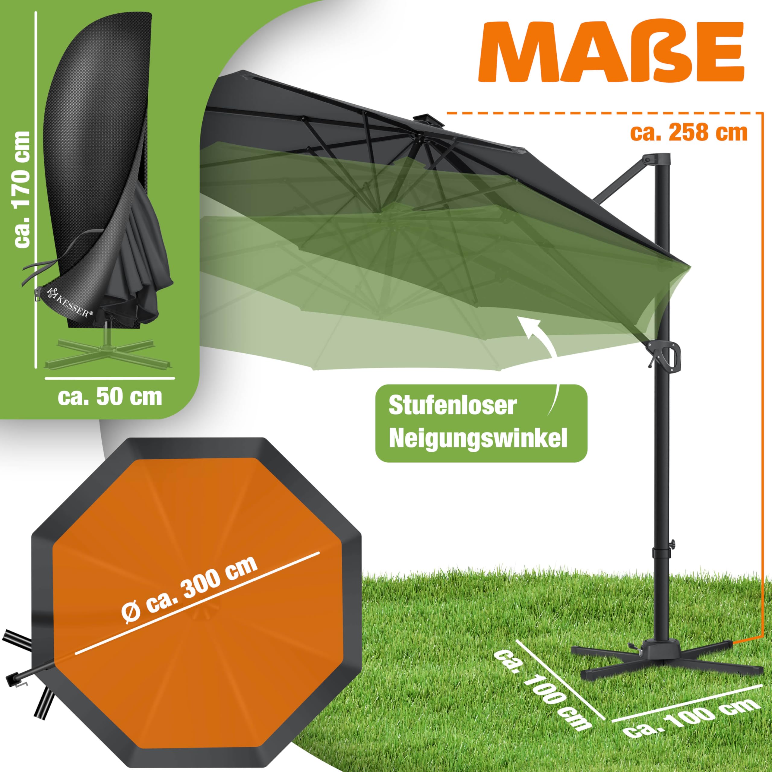 KESSER® Sonnenschirm Ampelschirm SUN Rund XL Ø330 cm Inkl. Abdeckung, 7-Fach Verstellbar Drehbar Neigbar Kippbar Groß 360° Drehbar Gartenschirm mit Kurbel Sonnenschutz UV50+ Anthrazit