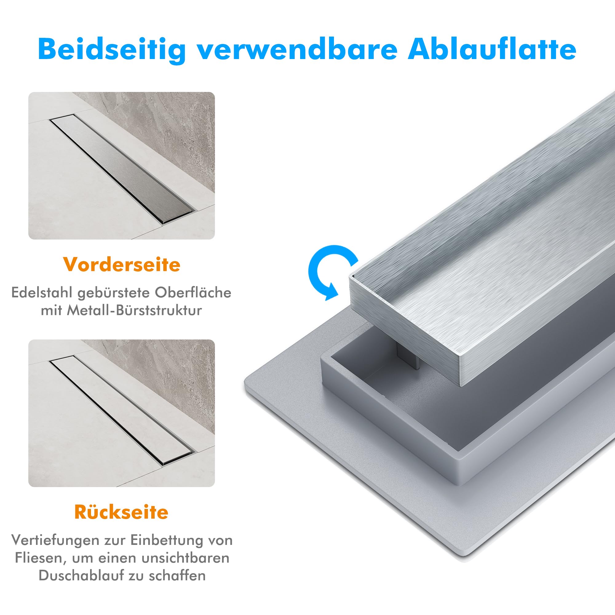 SONNI Caniveau de douche 60 cm | 2 en 1 en acier inoxydable | Avec système anti-odeurs | Passoire à cheveux | Carrelable | Base ABS | Volume d'écoulement de 30 l | 8 pieds réglables