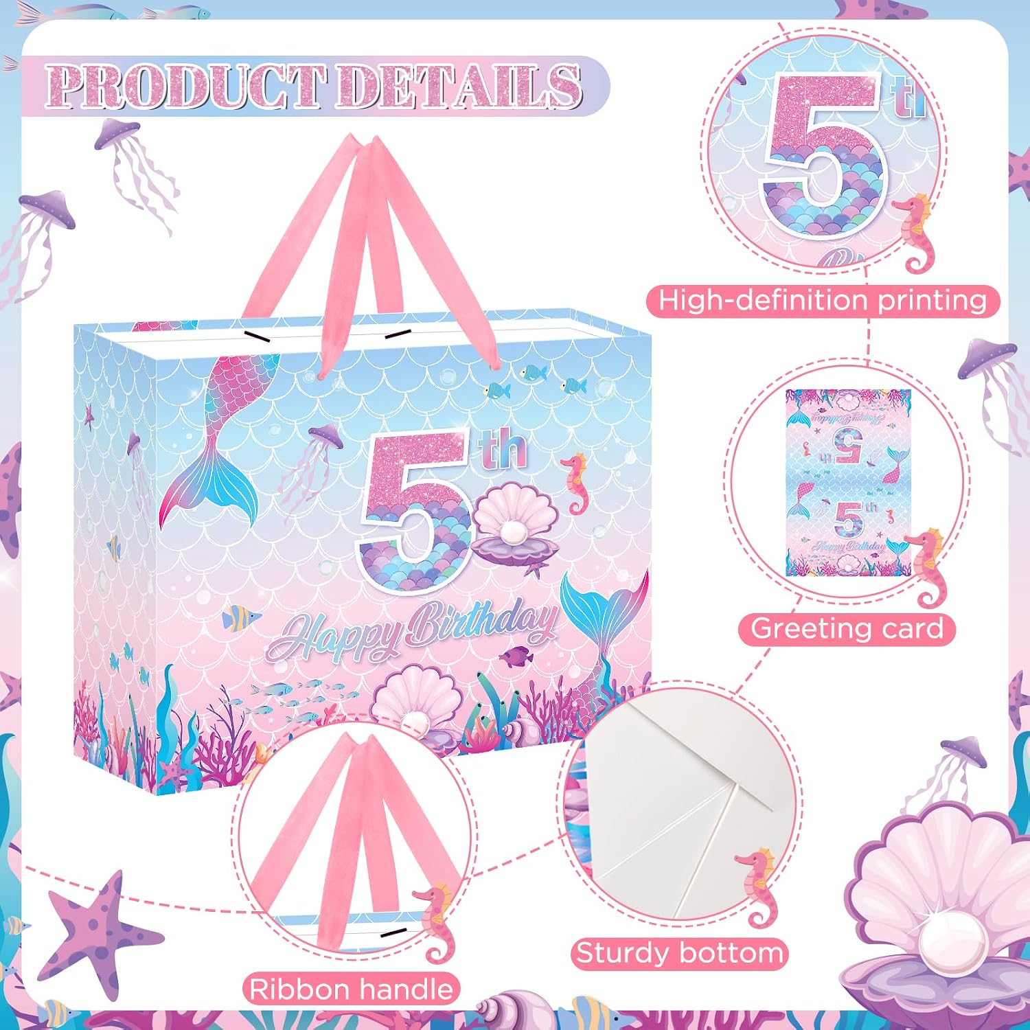 Mermaid 5th Birthday Gift Bag Pink Mermaid Wrapping Paper with Tissue Paper Greeting Card Under the Sea Party Favors Pink Fish Scale Present Wrap Bag for 5 Year Old Girls Packing Party Supplies image 5