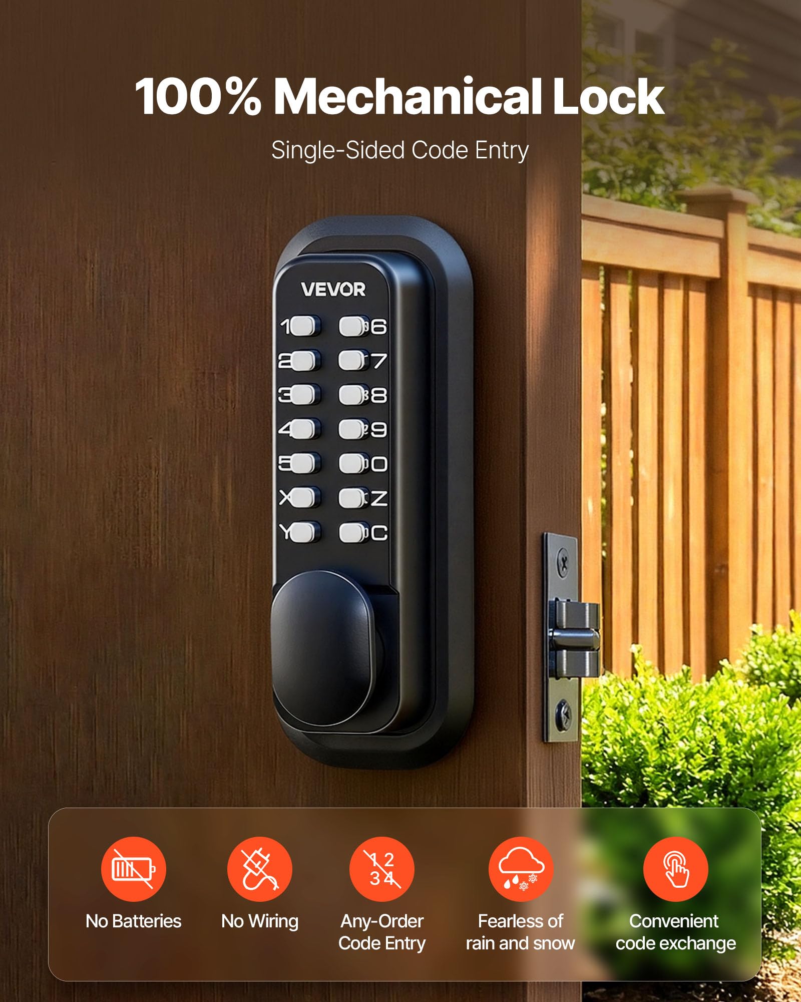 VEVOR Serrure à Code Mécanique 4-7 Chiffres, Serrure de Porte d'Entrée sans Clé à Clavier Combinaison, pour Maison Intérieur ou Extérieur, avec Bouton de Porte, Verrouillage Automatique, Noir