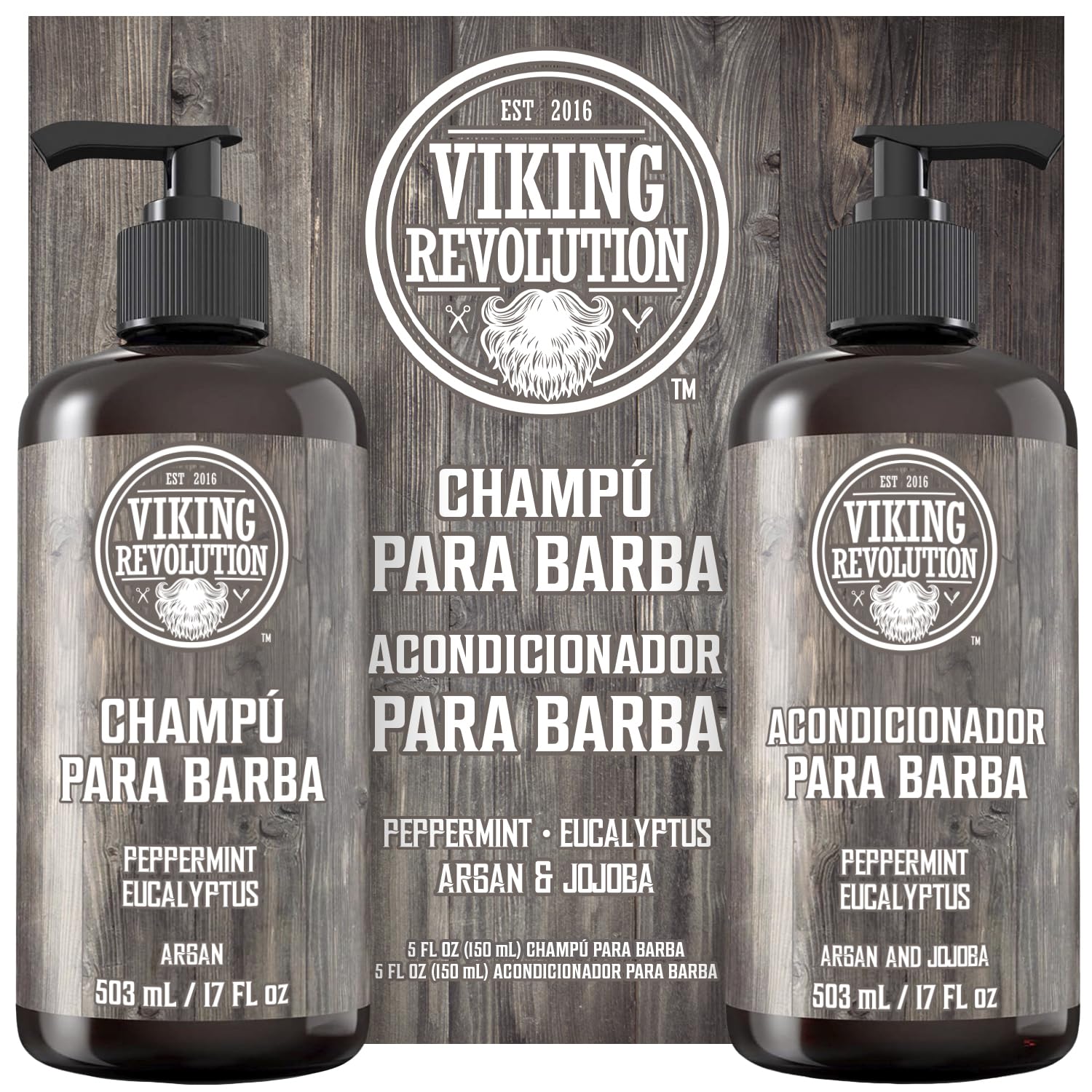 Viking Revolution Juego de Champú y Acondicionador de Barba con Aceites de Argán y Jojoba - Champú Barba Hombre que Suaviza, Alisa y Fortalece el Crecimiento - Aroma Natural Menta y Eucalipto 2x500 ml