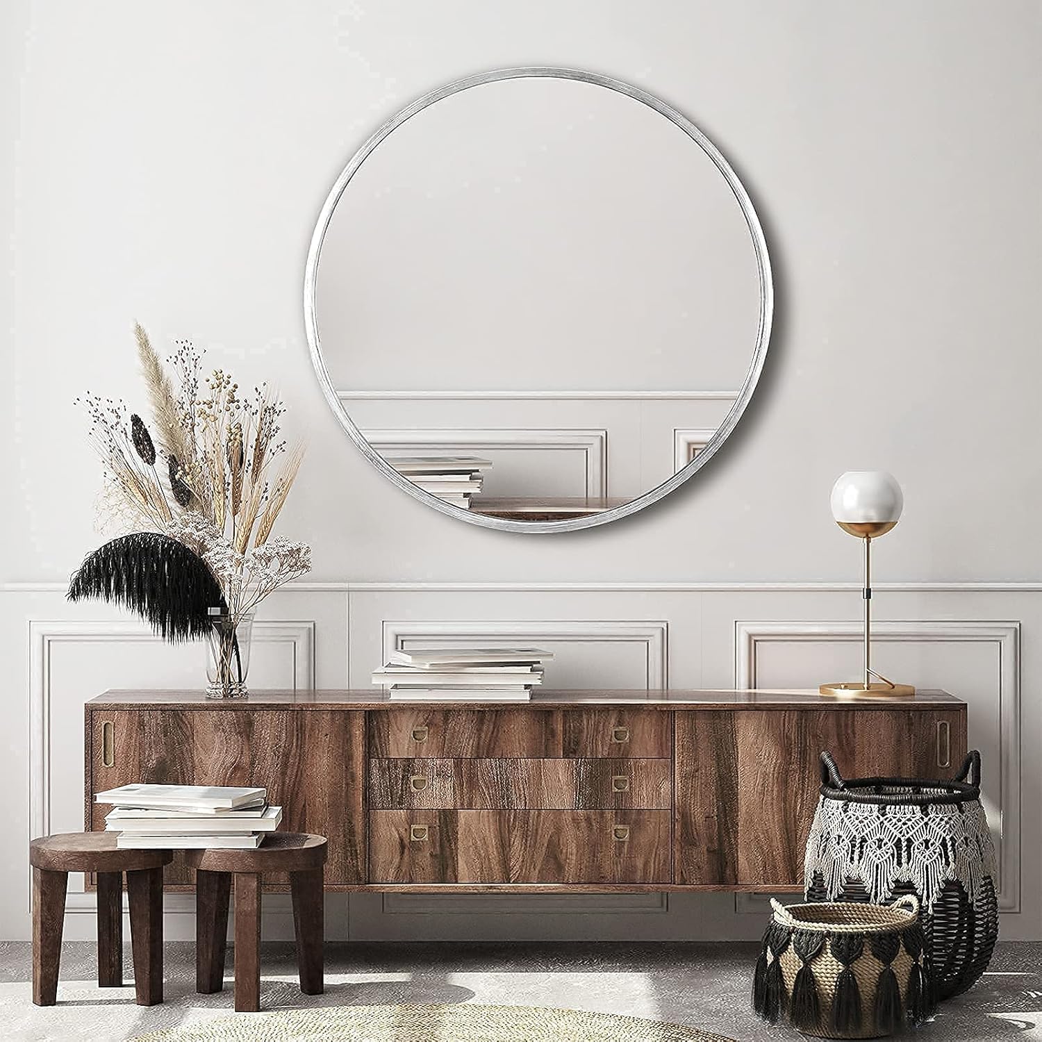 Circle Mirror 24 Round Wall Mounted Decorative Mirror, Modern Metal Framed ,Best for Vanity Washrooms Bathroom and Living Rooms (Silver, 24)(CIYJ-24-0519)
