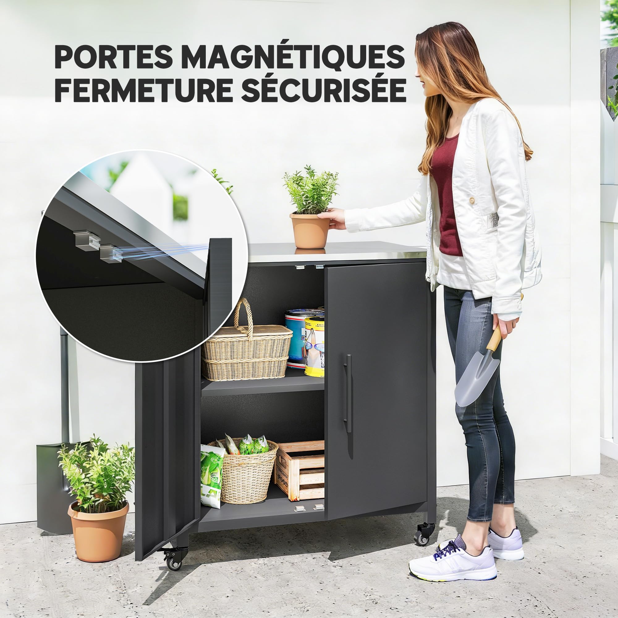 Outsunny Armoire de Jardin en Métal Extérieur roulettes 80x50x90 cm Noir | Armoire de Rangement de Jardin, Toit en Acier Inoxydable, Portes Magnétique, Étagère Amovible