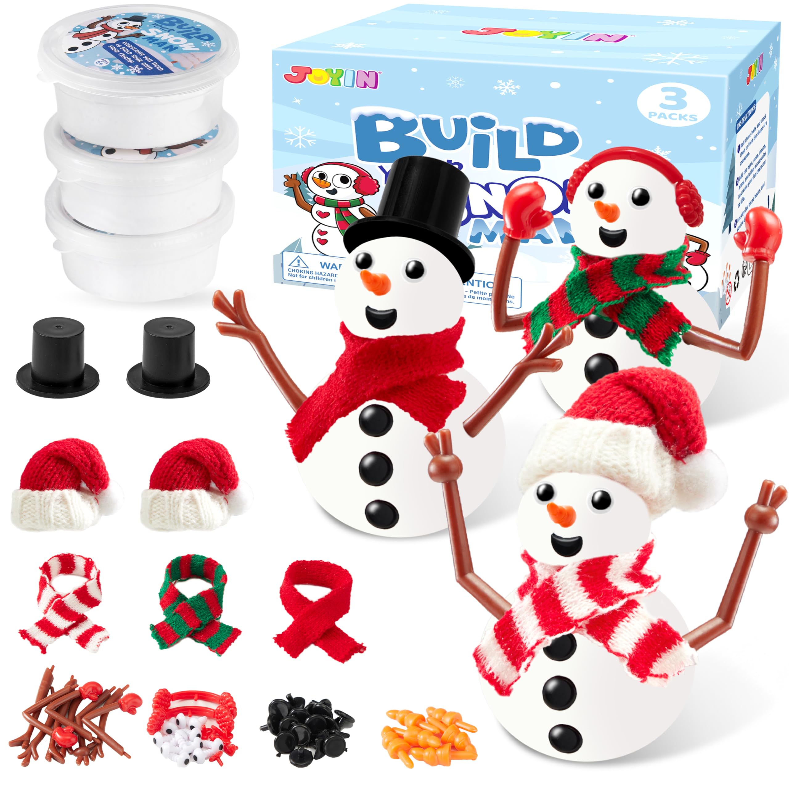 JOYIN Christmas Build a Snowman Craft Kit, 3 Pack Modeling Clay DIY Make a Snowman Kit for Christmas Arts and Craft Activities, Xmas Gift Stocking