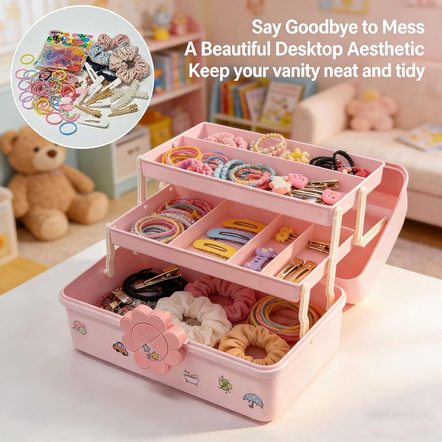 Hair Accessories Organizer for Girls Portable 3-Layer Plastic Craft Storage Organizer with Handle Multipurpose Plastic Storage Box for Sewing,Art Supplies