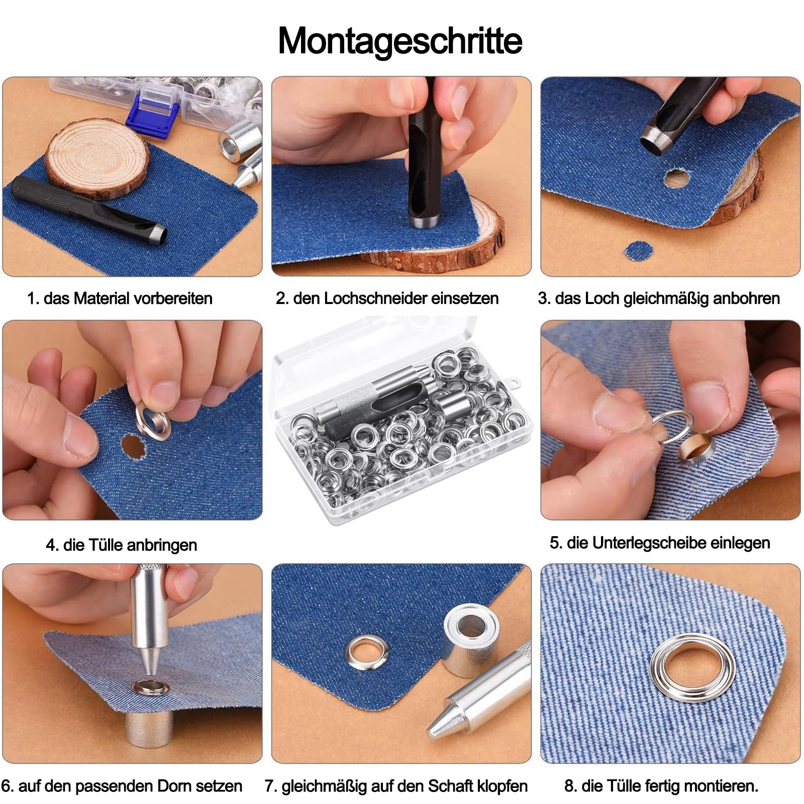 Occhiello Strumento Kit, 100 Set 10 Mm Grommet Occhielli Metallo, Occhielli Grommet Rondelle, 3 Pezzi Strumento Di Installazione Dell'Occhiello Con Scatola Portaoggetti Per Tela Cerata (4 Colori - Foto 12