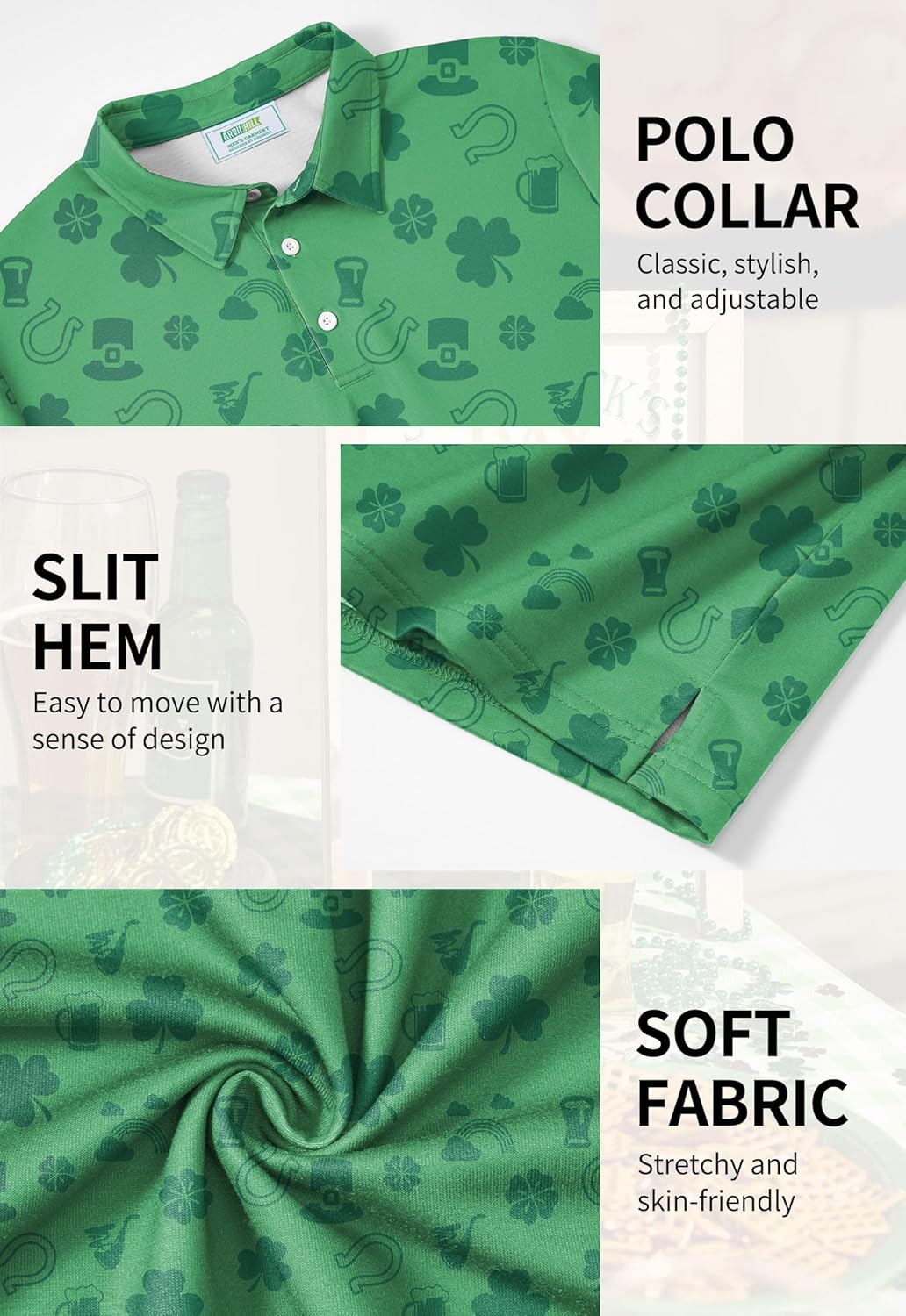 Arvilhill Men's St Patrick's Polo Shirt Irish Clover Short Sleeve Golf Shirts (S-3XL) - Image 6