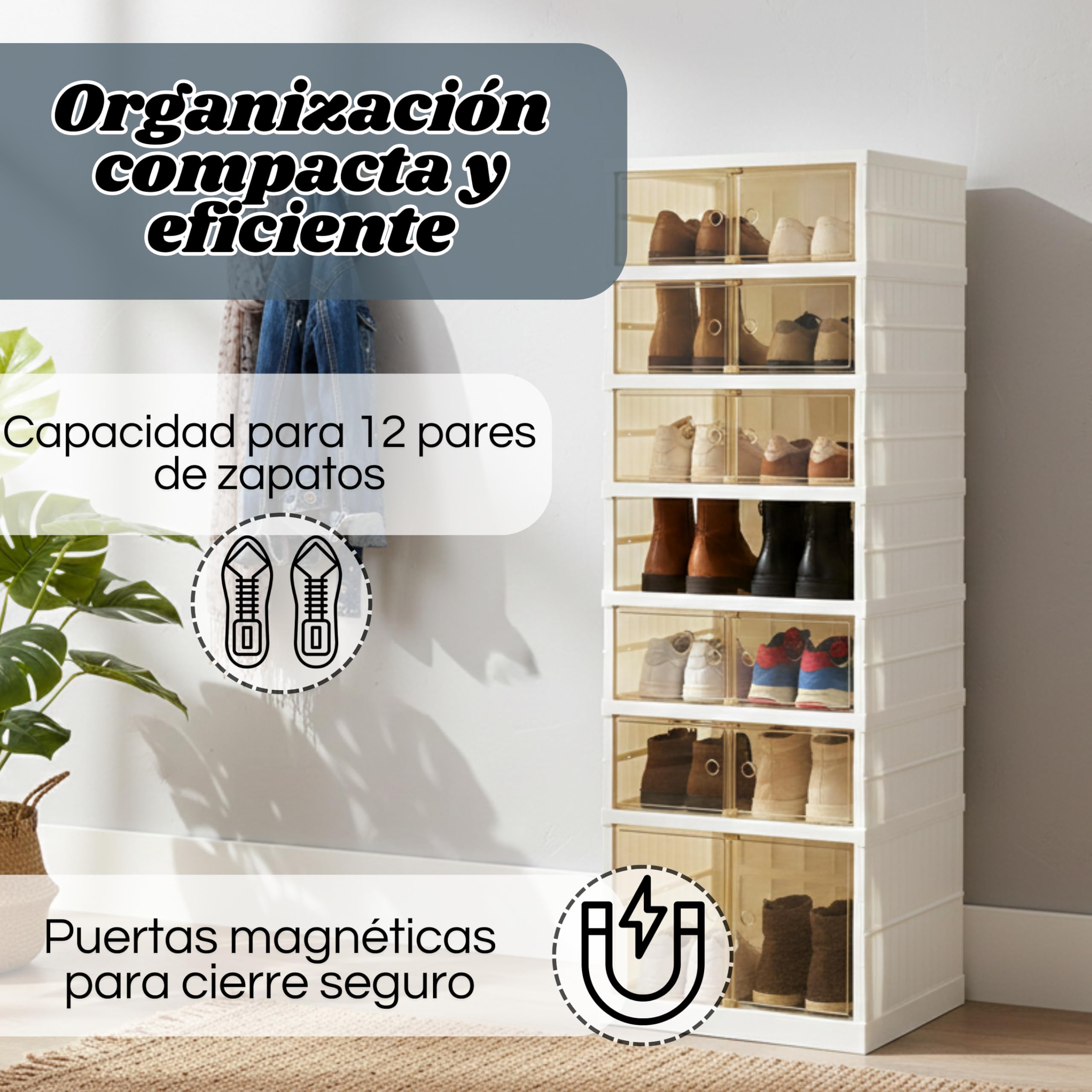 Zapatero Plegable Extensible con Puerta | 6 Niveles para 12 Pares de Zapatos | Plástico Duro Premium con Puerta Transparente y Magnética | Organizador de Armario, Baño, Cocina | 118 cm-44 cm-34.5cm