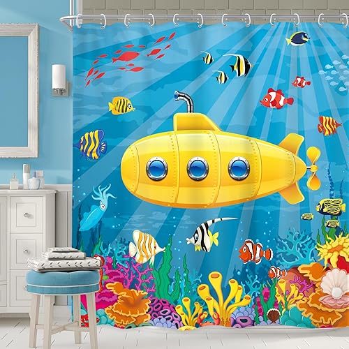 Miniatura 5 de Riyidecor Cortina de ducha infantil para decoración de baño, 72 pulgadas de ancho x 72 pulgadas de alto, dibujos animados, submarino, marino,