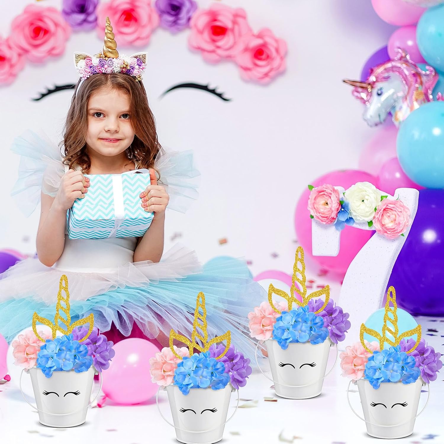 Knitgrip 30 Pcs Unicorn Party Table Centerpiece Decorations Include Hydrangea Unicorn Horn Toppers and Metal Buckets for Unicorn Birthday Party Baby Shower Supplies