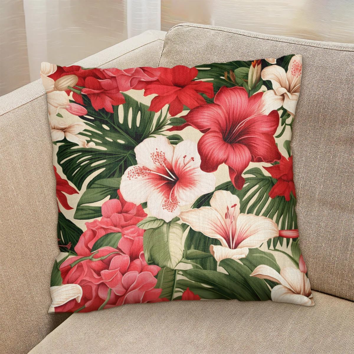 Tropical Flowers Pillow Covers Throw Pillow Covers Set of 2 Pillow Covers 16x16 Inch Square Pillowcases Cushion Covers Modern Farmhouse Home Decor for Couch Bedroom Sofa Living Room