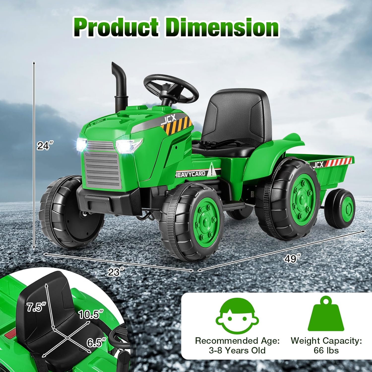 Costzon 2-in-1 Ride on Tractor, 12V Kids Ride on Car w/Detachable Trailer, Remote Control, Wireless Connection, Horn, Music/Lights/Spring Suspensions, Tractor Toys for Kids (Plastic Tires, Green)