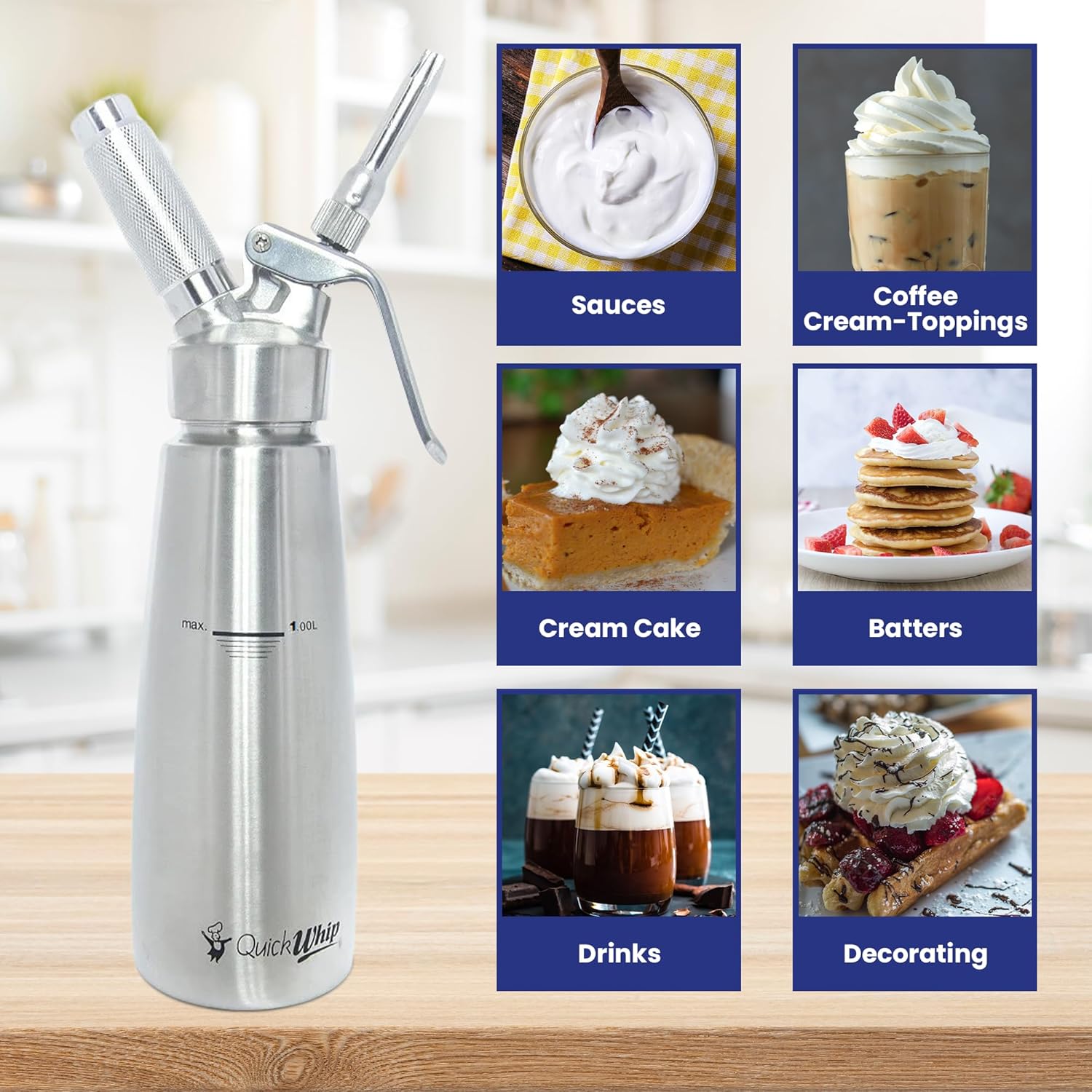 Stainless Steel Whipped Cream Dispenser, Professional Grade Whipper, Full Canister, with 3 Decorating Tip Nozzels, Ideal for Baking, Desserts, & Culinary Creations (1L)