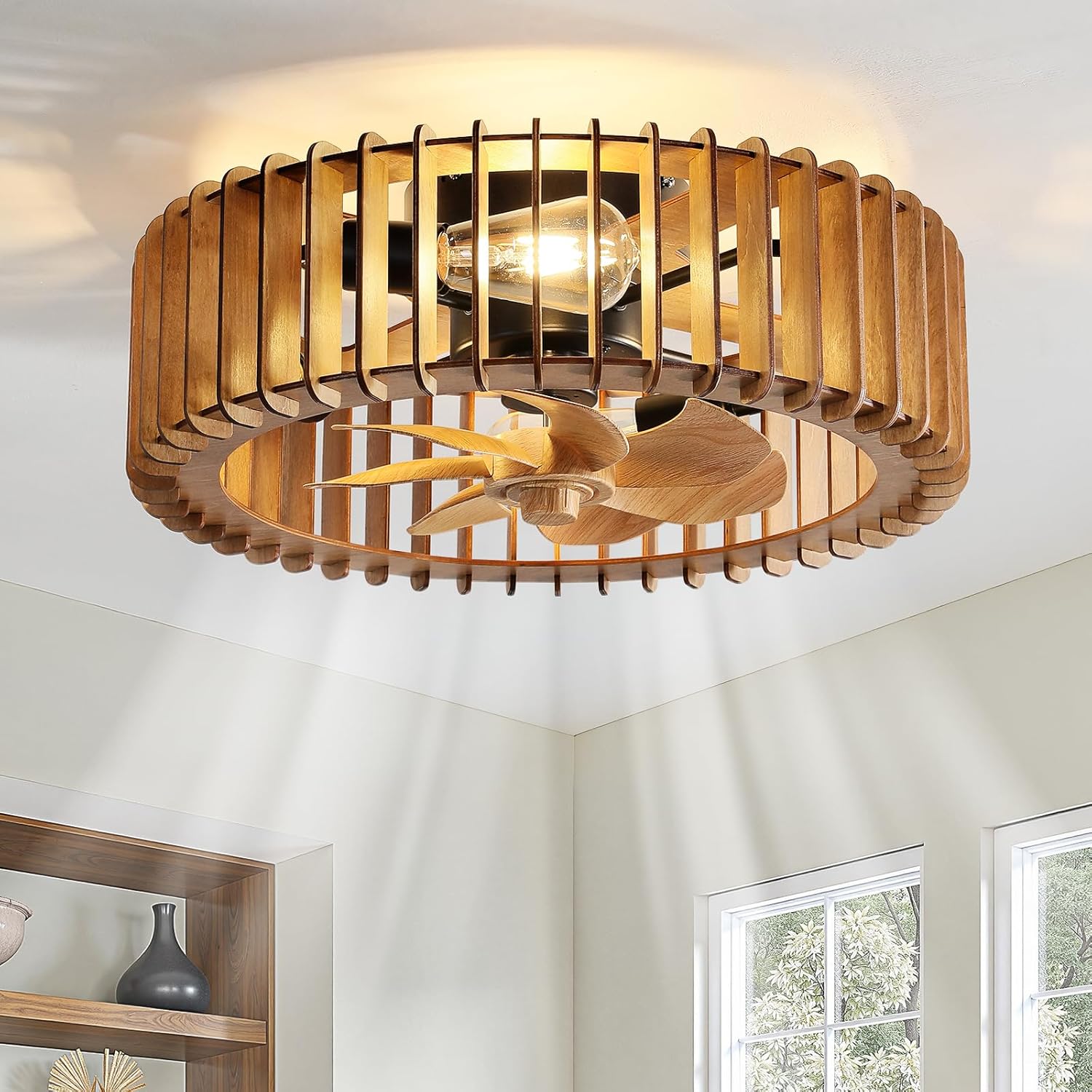 20" Farmhouse Wooden Caged Flush Mount Ceiling Fan with Lights, DC Motor, 6 Speeds Remote Control, Low Profile Bladeless Fandelier for Bedroom, Kitchen, Living Room