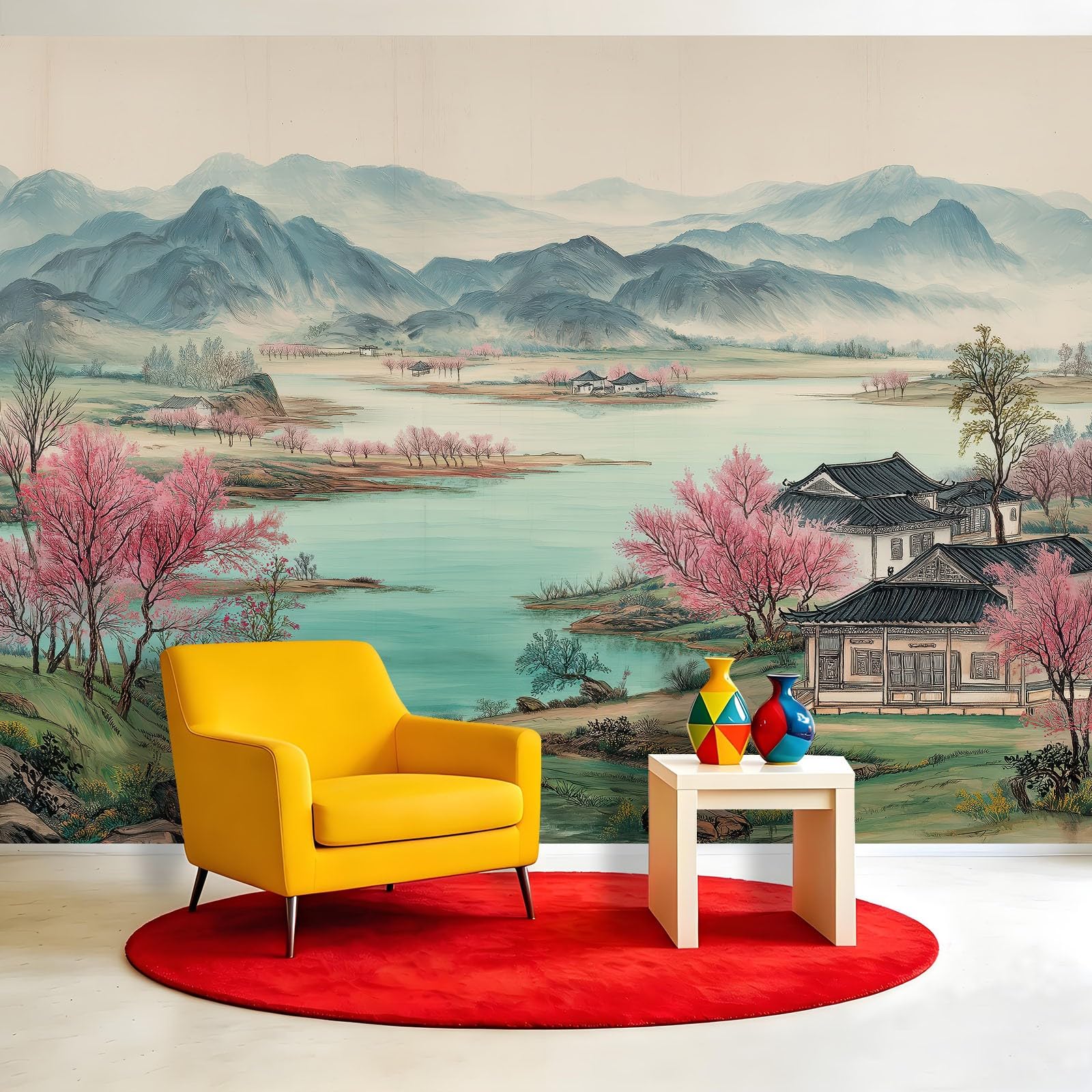 Panoramiczna tapeta z włókniny, chiński tusz kwiatowy, 350 x 256 cm, tapeta z włókniny, dekoracja do salonu i sypialni, efekt 3D, góry, domy, ryby, kwiaty, rzeka
