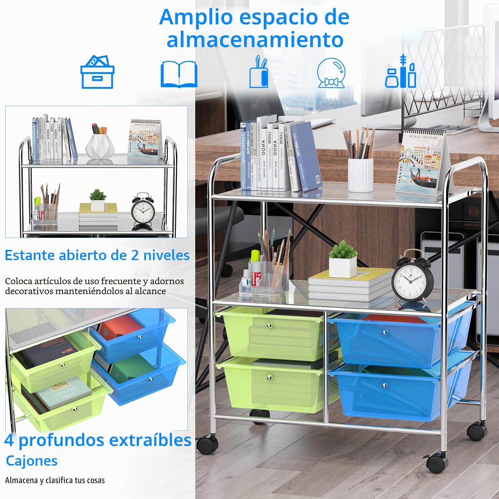 GIANTEX Carro con 4 cajones apilable, con 2 estantes y estructura de metal, carrito de baño con ruedas bloqueables, 63,5 x 37 x 75 cm