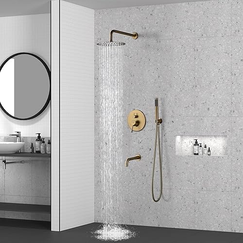 Miniatura 2 de CASAINC Juego de grifos de ducha completos, cabezal de ducha de lluvia redondo de 10 pulgadas con rociador de mano y boquilla de bañera montado en