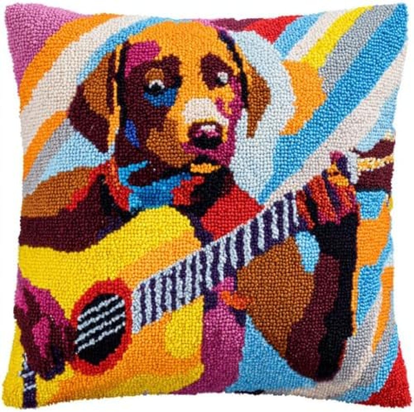 kitphoenix DIY Latch Hook Kit,Cushion Cover Making Set for Adults with Yarn,Retriever Playing Guitar,Hook and Pre-Printed Canvas,43x43 cm