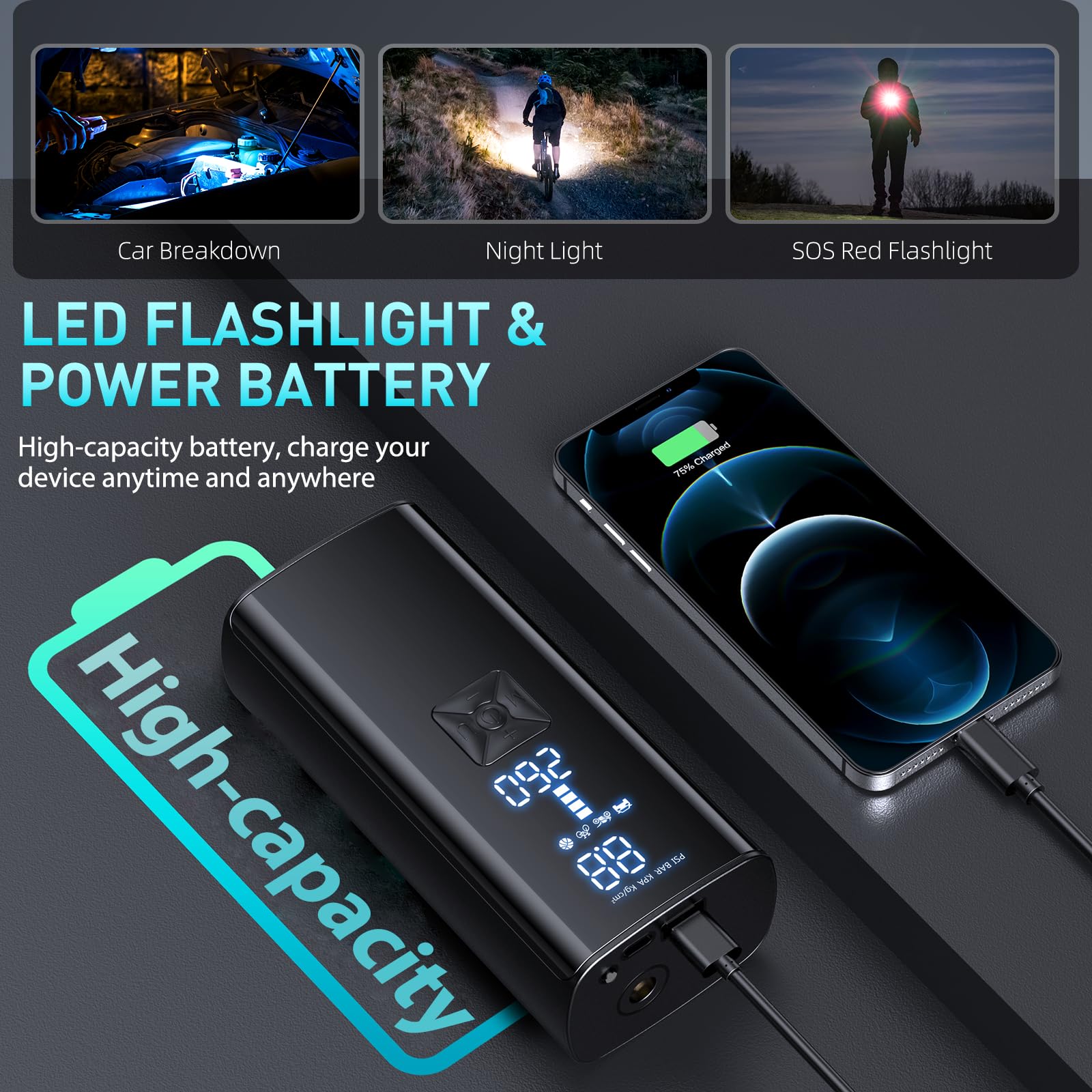 GJOSYOI Tire Inflator Portable Air Compressor, 2X Faster Inflation Air Pump with Tire Pressure Gauge and LED Light, 150 PSI Portable Compressor for Cars, Balls, Bikes and Motorcycles