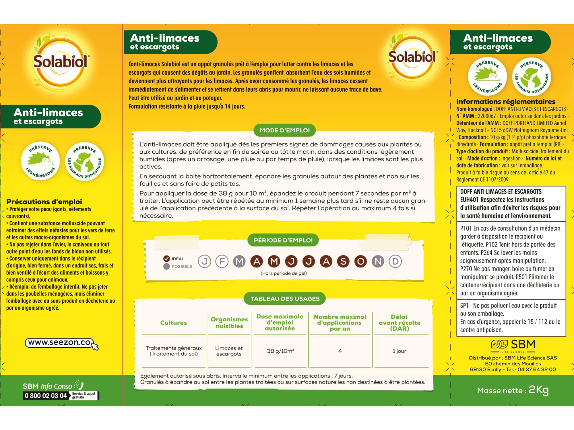 Solabiol Anti-Limaces & Escargots - 2 Kg - Granulés – Jusqu’à 525m² - Résistant À La Pluie - Prêt À l'emploi - Utilisable en Agriculture Biologique SOLIMA2
