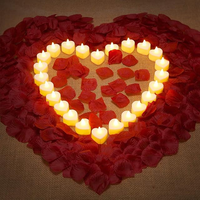 1000 Pieces Artificial Rose Petal with 24 Pieces Romantic Heart LED Candle Flameless Romantic Love LED Tealight Candle for Romantic Night Valentine's Day Anniversary Wedding Table Decor (Yellow)