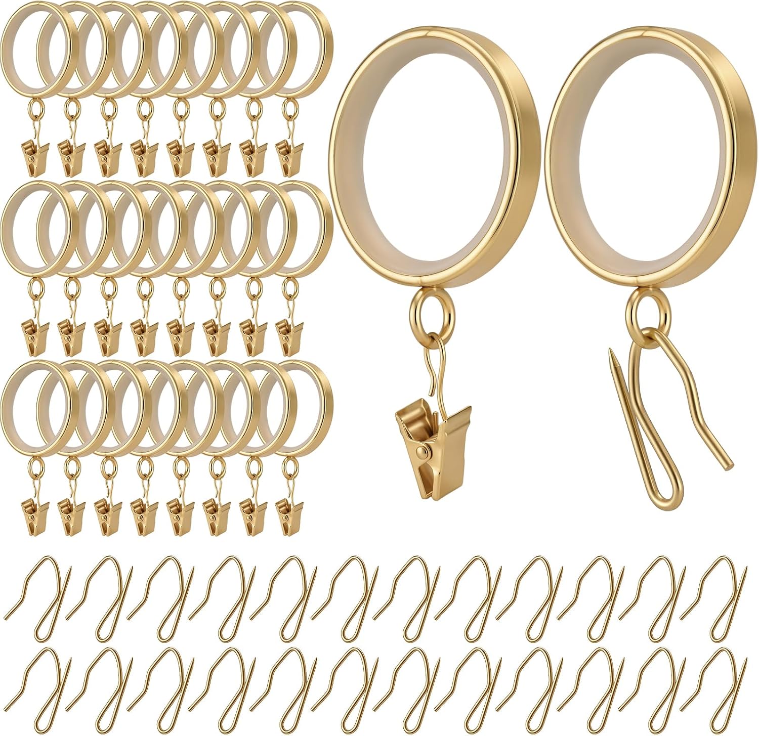 Novabright 48 Pack Luxury Curtain Rings with Clips and 48 Pcs Curtain Hooks 2 Inch Smooth Slide Curtains Rings 1-5/8 Inch Inside Diameter with Smooth Quiet Nylon Inserts for Room