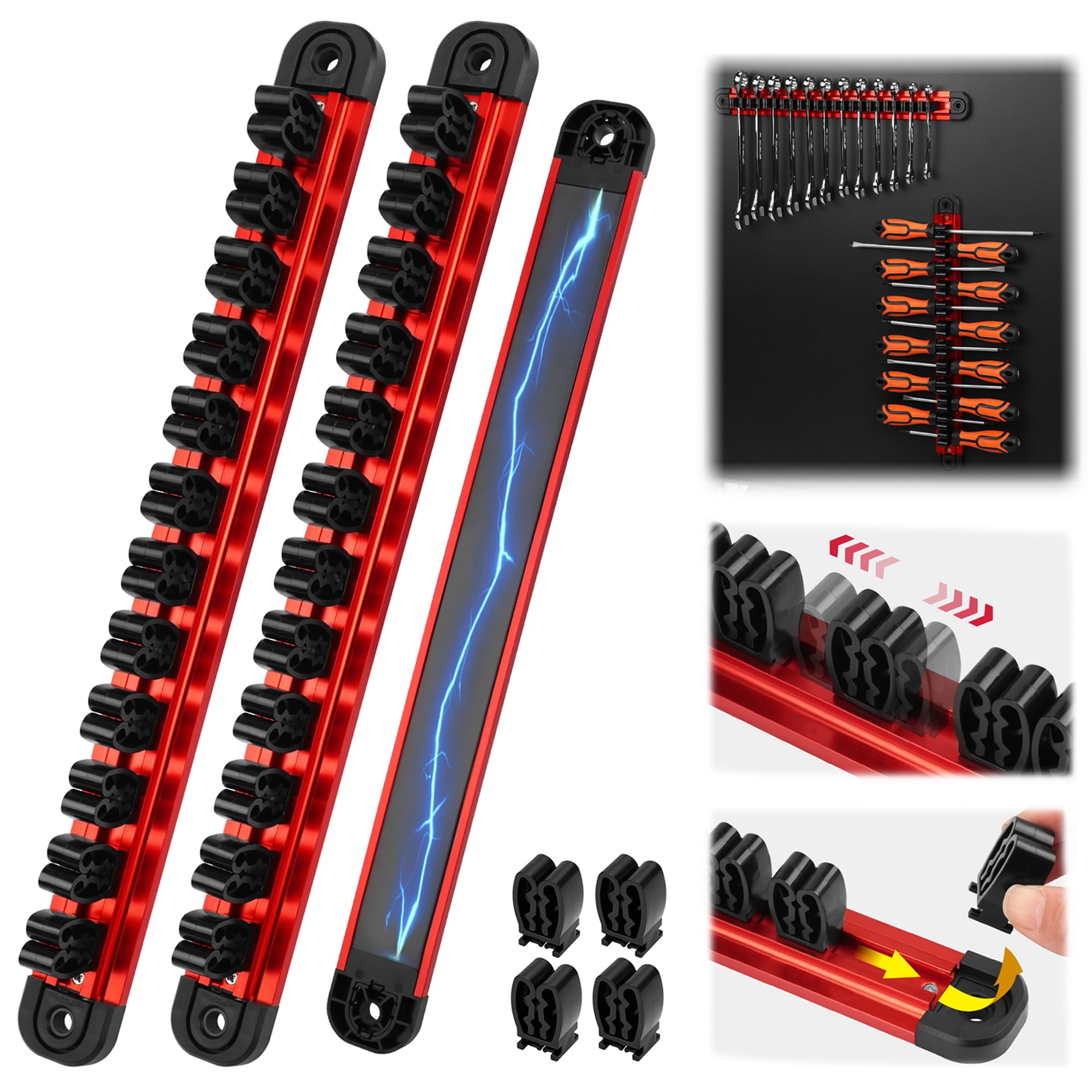 Photo 1 of 2-Piece Magnetic Screwdriver Organizer and Wrench Organizer, 28-Slot Screwdriver and Wrench Holder, Magnetic Aluminum Rail Tool Organizer for Tool Box Drawer Wall-Mount Storage,Red(Tools not Included)