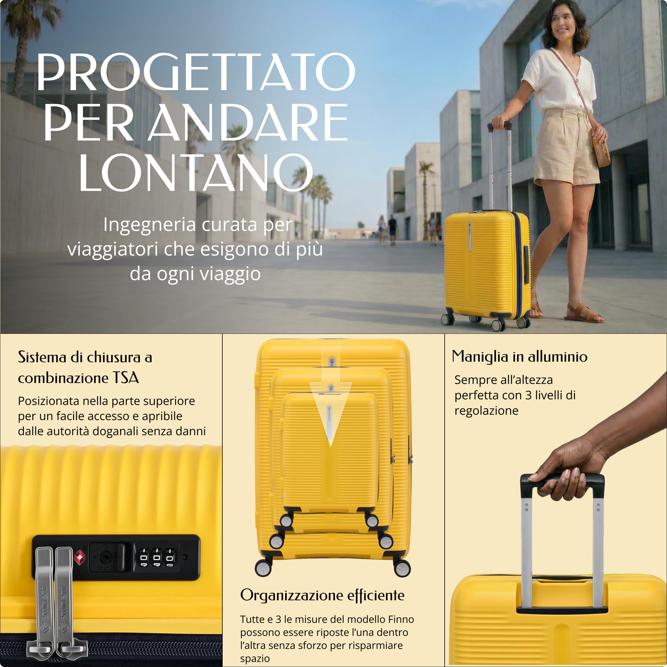 Eminent Finno Valigia Trolley Bagaglio a Mano 55x40x20 Cabina, Espandibile | Valigia cabina rigida leggera, polipropilene, 2,5 kg, 39L, espandibile 55x40x20/23, lucchetto TSA, 4 ruote, Giallo