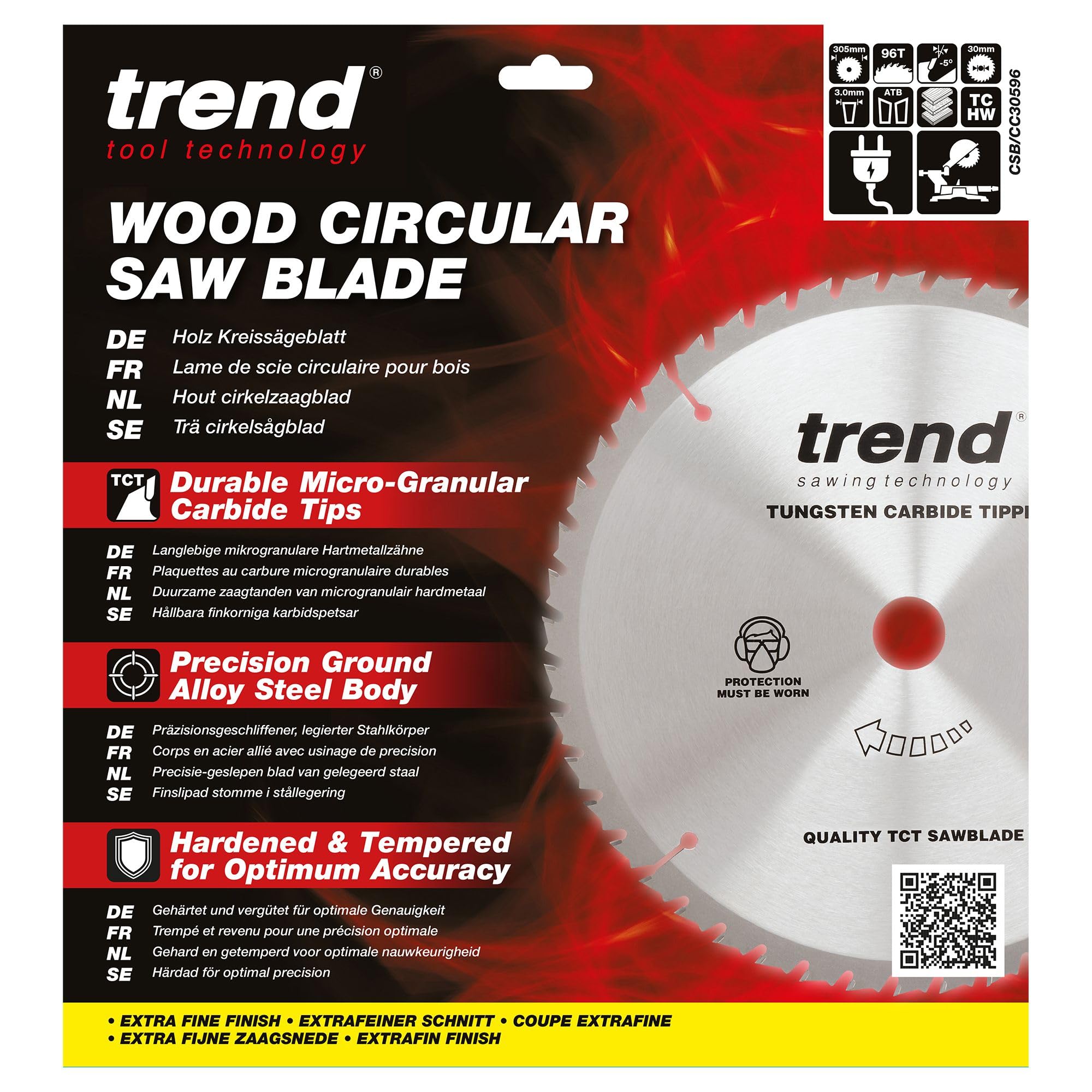 Trend CraftPro Hoja de sierra circular TCT de corte transversal con gancho negativo, 305 mm de diámetro x 96 dientes x 30 mm de diámetro interior, punta de carburo de tungsteno, CSB/CC30596