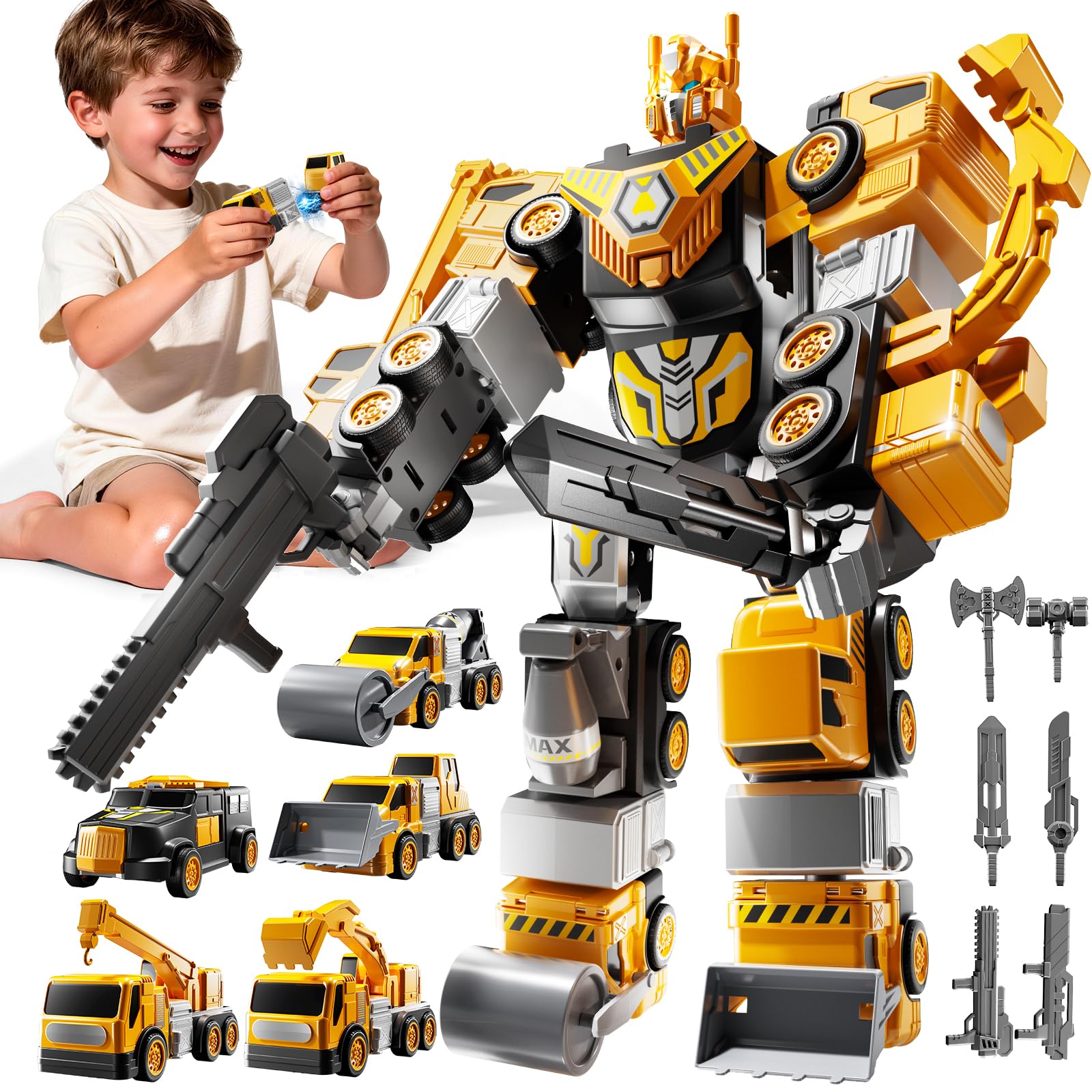 DULONIME 5-in-1 Magnetism Transform Robot Construction Vehicles Set, Educational DIY Assembly Building Toys, Transforming Take Apart Toys Trucks, Birthday for 3 4 5 6 7 8 Year Old Boys Girl