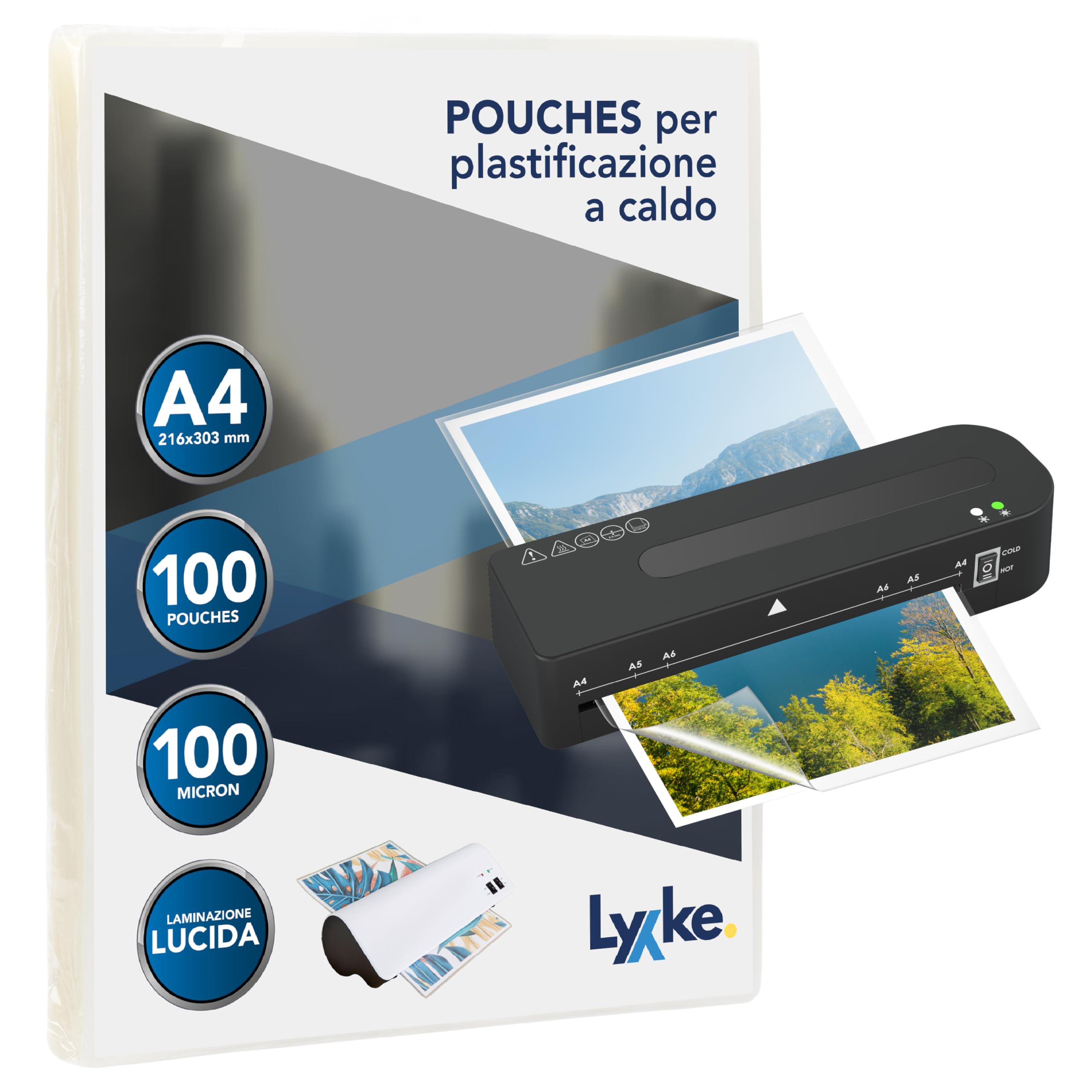 LYYKE - Fogli Plastificatrice A4 (100 pz, 2x100 micron), finitura lucida premium senza bolle e onde. Spessore ideale anti‑inceppamento, pouches A4 resistenti e trasparenti per foto, avvisi e documenti