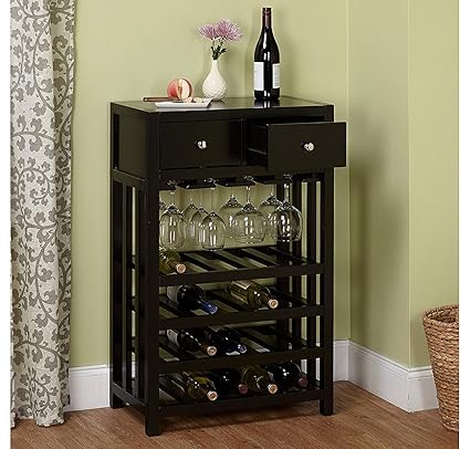 Indigo interiors Solid Wood Wine Rack Display Unit with 2 Drawer (Seesham Wood, Black Oak Finish)