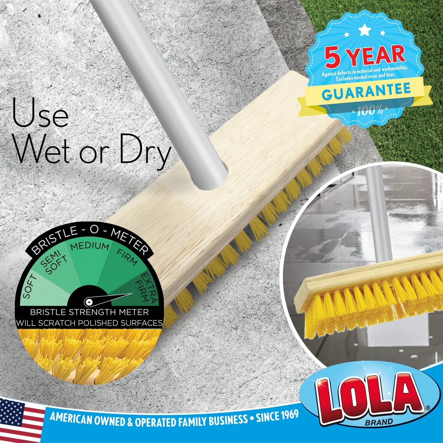 LOLA Deck Scrub Brush with Stiff Bristles, Heavy Duty Outdoor Scrub Broom for Patios, Decks, Concrete & Tile, Removes Dirt, Grime, Leaves & Snow, Wet or Dry Use, 1 Count