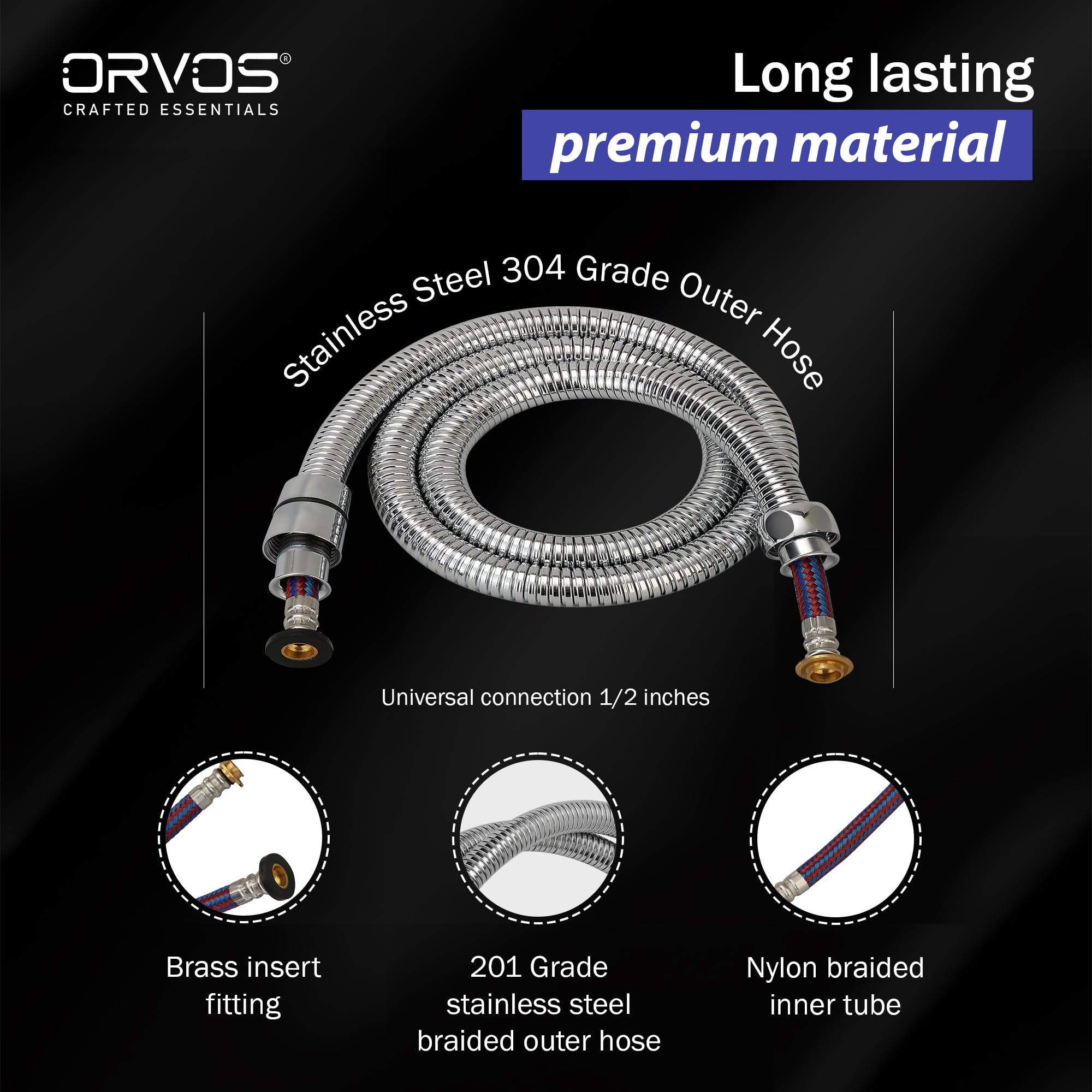 Orvos Shower hose pull out, Stainless steel outer hose, with nylon braided inner tube, 1.5 meter, for hand showers and health faucets in high end luxury bathrooms 3