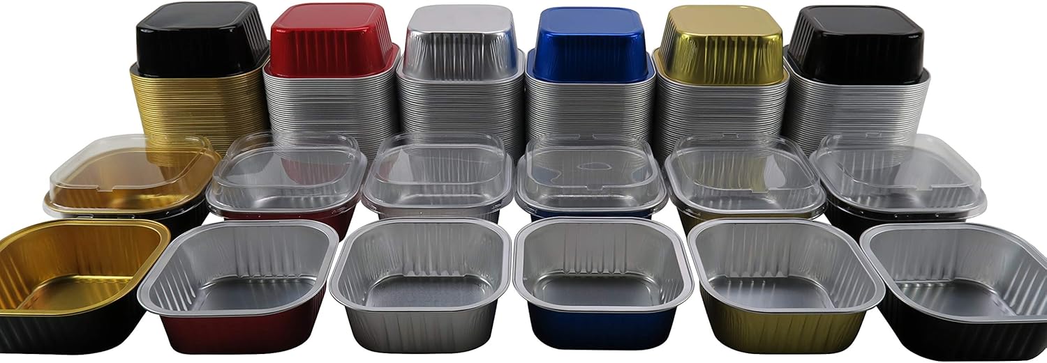KitchenDance Disposable Aluminum 4 1/4" x 4 1/4" Square 11 ounce Dessert Pans W/Lids - #A-24P (50, Black): Home & Kitchen