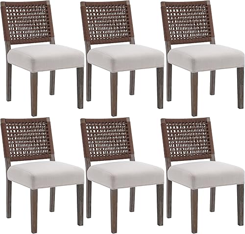 Miniatura 17 de chairus Juego de 4 sillas de comedor tapizadas, sillas de comedor de granja, sillas de cocina beige con respaldo de cuerda de tejido bajo, sillas