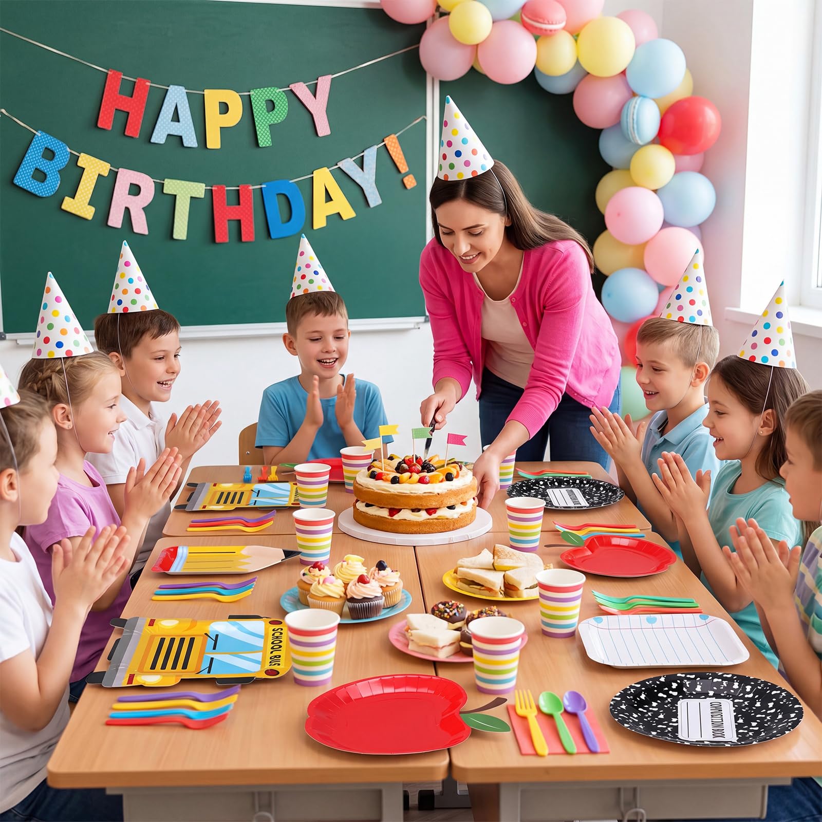 Domensi 60 piatti di carta per il rientro a scuola, per il primo giorno di scuola, autobus, matite, quaderno, mela rossa, piatti usa e getta, set da tavola per asilo, scuola materna, laurea, feste
