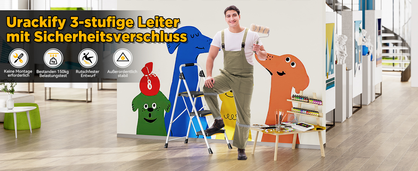 Urackify Trittleiter 4 Stufen - Klappbar Bis 150kg Mit Sicherheitsschloss