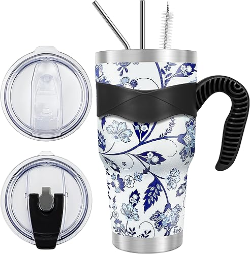 WETOWETO Vaso de 30 onzas de acero inoxidable aislado al vacío con asa, taza de café al vacío de doble pared, tazas térmicas para bebidas calientes