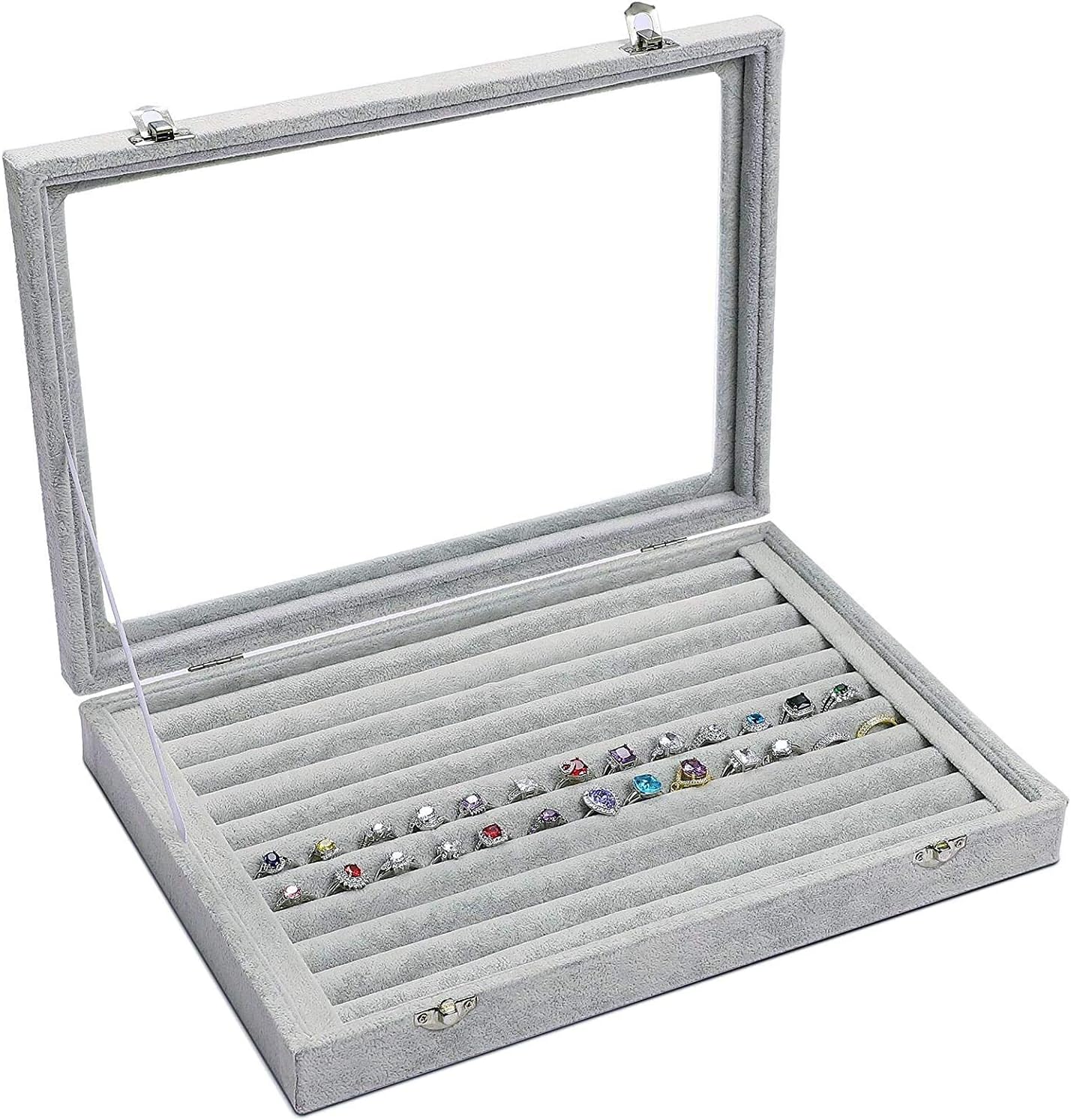 QMICI HlpiAMok PDTXCLS Pasutewel Jewelry Tray Clear Lid Velvet Transparent Jewelry Display Showcase Lockable Felt Jewelry Storage Organizer Box Holder Gifts for Girls Women (Ring Tray)